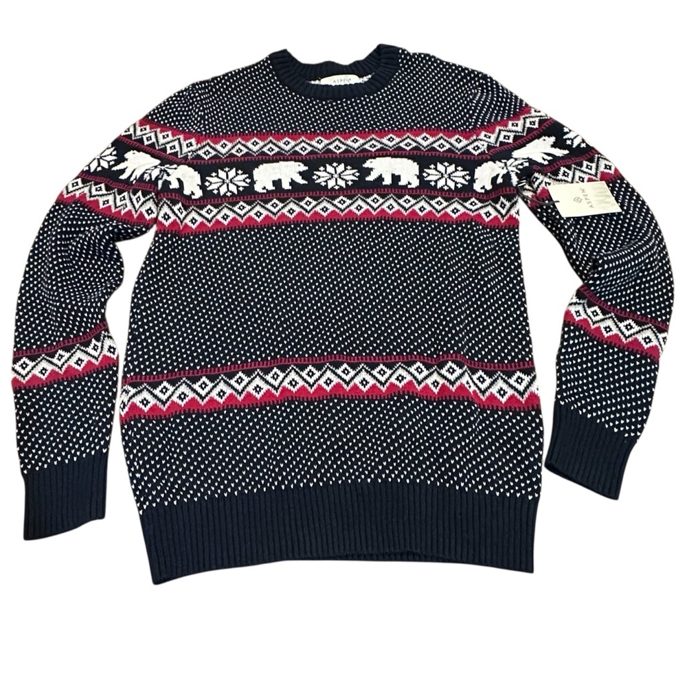Aspen Fair Isle Polar Bear men’s Sweater Navy Red White 100%‎ Cotton Size Small